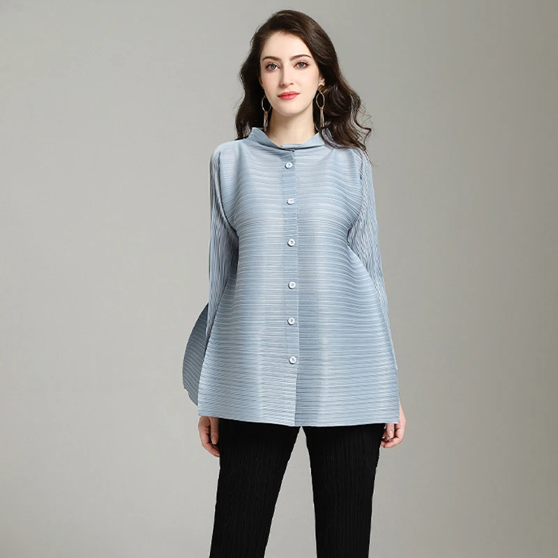 

LANMREM 2019 High Qualty Pleated Shirt For Women Single-breasted Loose Stand Collar Blouse New Fashion Ladies Long Sleeve YG668