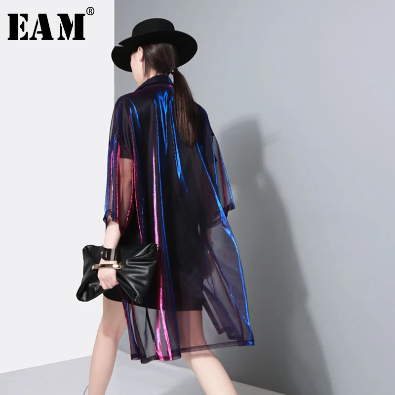 

[EAM] 2019 New Spring Summer Lapel Three-quarter Sleeve Green Shing Perspective Loose Big Size Shirt Women Blouse Fashion JU180