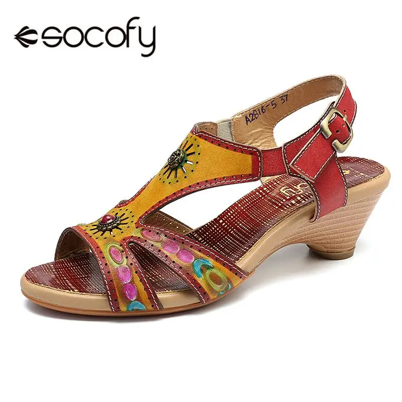 

SOCOFY Hand Painted Vintage Pattern Genuine Leather Soft Buckle Strap Sandals Retro Summer Shoes New Ladies Elegant Shoes New
