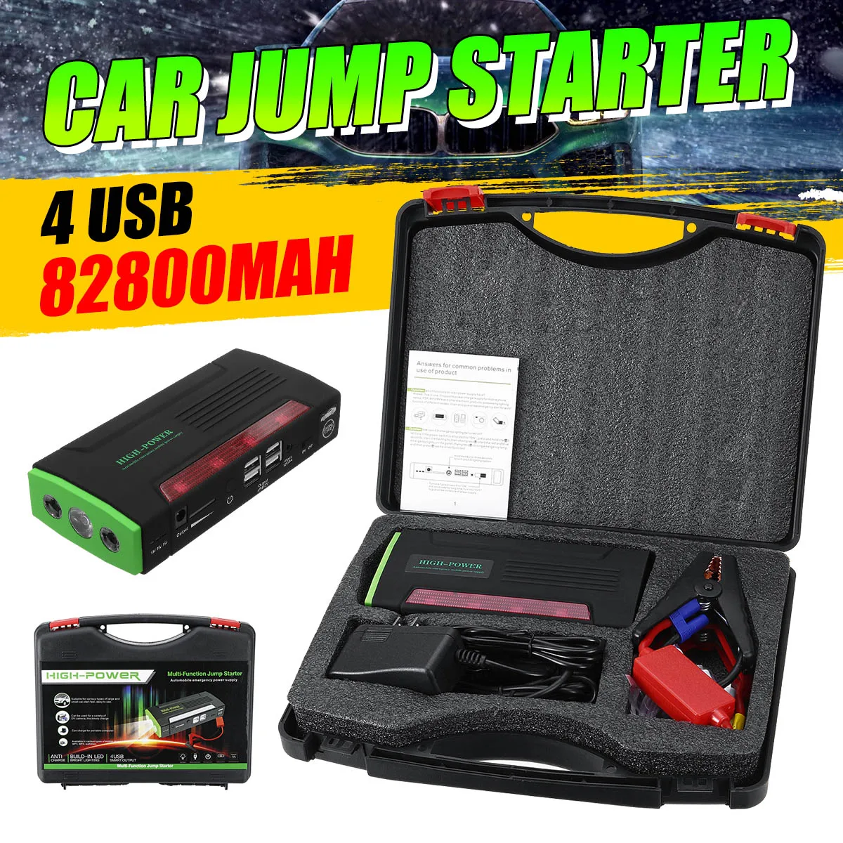 Autoleader Multi-Function Portable 12V Car Jump Starter 600APeak 82800mAh Battery Booster Power Bank For Car Charger 4 USB Port