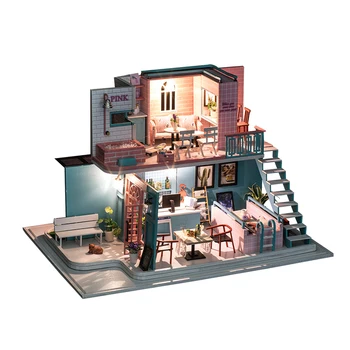 

1pc Wooden Handwork House DIY Wooden House Artwork Gift House Miniature Furniture Kit Mini Cafe House for Girls Kids