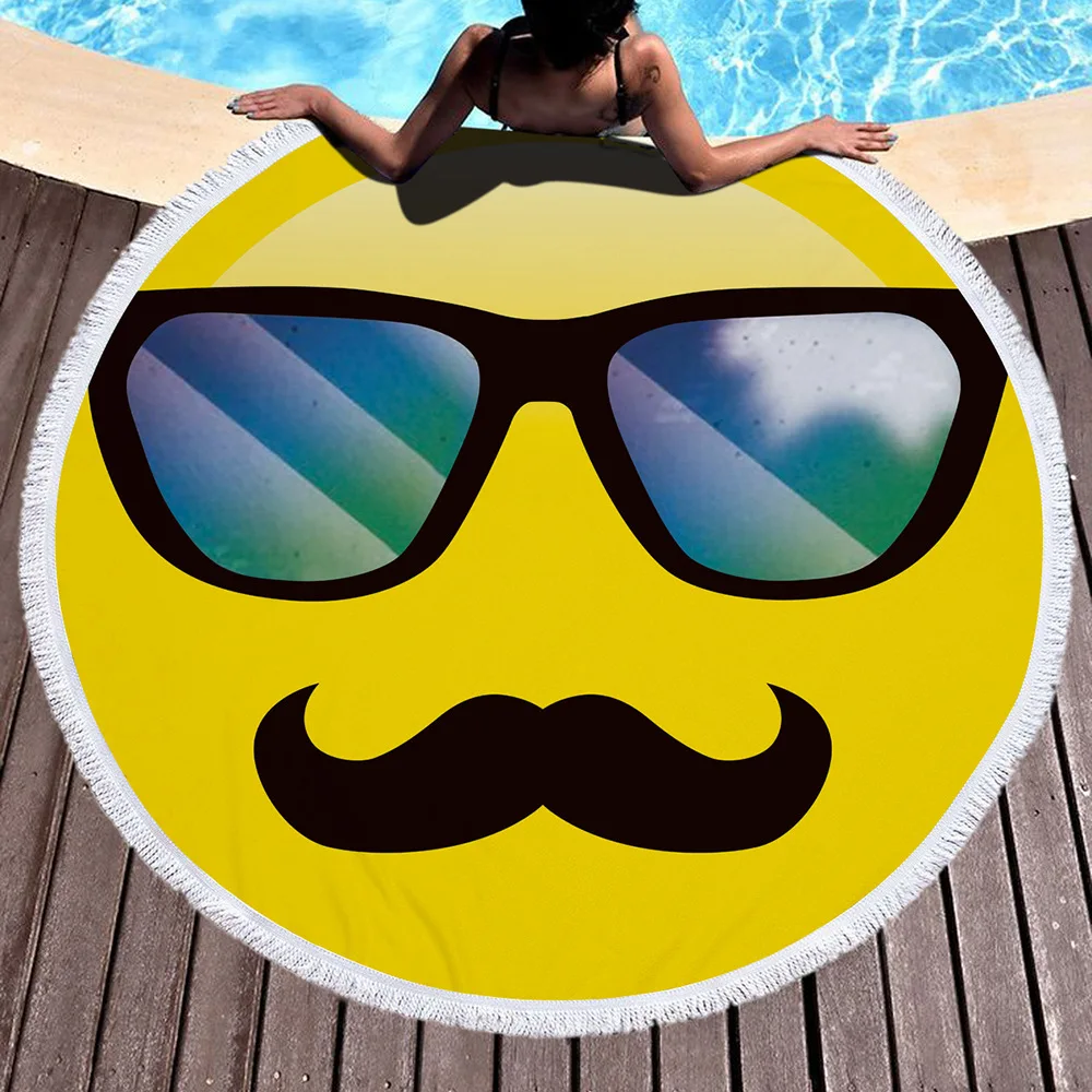 

Cute Emoji Funny Large Round Beach Towel Circle Blanket Mat Beach Microfiber Bath Towel Sand Pool Swimming Serviette De Plage