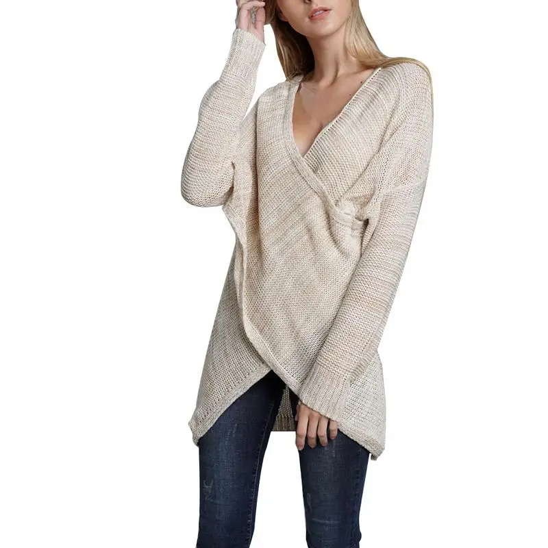  Women's Casual Knitted Sweater Solid Color Loose Long Sleeves V-Neck Pullover Asymmetric Long-Sleeved Sweater All-matching Tops