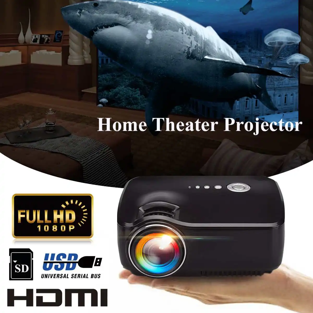 

Full HD 1080P 7000Lumens Portable LED Projector 800 x 480 Resolution Home Theater With US Plug