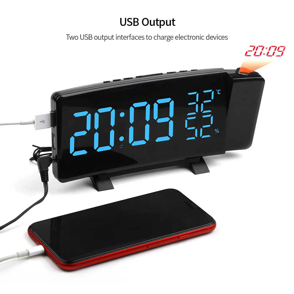 Трехцветный светодиодный Будильник с проекцией экрана радио двумя USB портами для