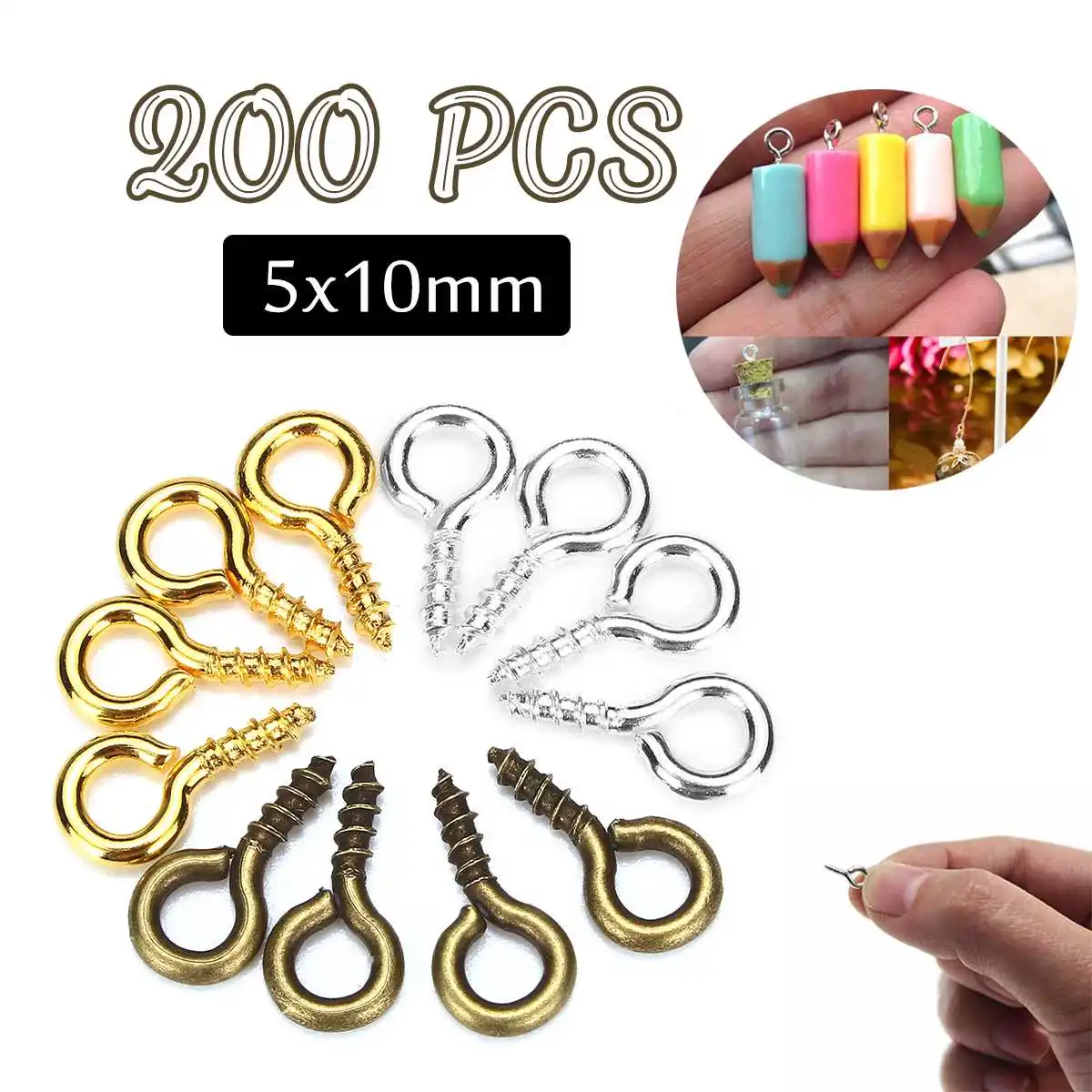 

200pcs/lot 5*10 mm Screw Eye Pins For Pendant Iron Screw Eye Hooks Clasps Fit Drilled Beads DIY Jewelry Making 3 colors