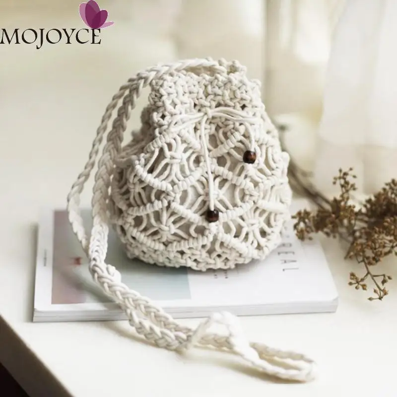 

Girls Handmade Summer Woven Shoulder Female Drawstring Bucket Handbags Women Casual Crossbody Beach Messenger Bags