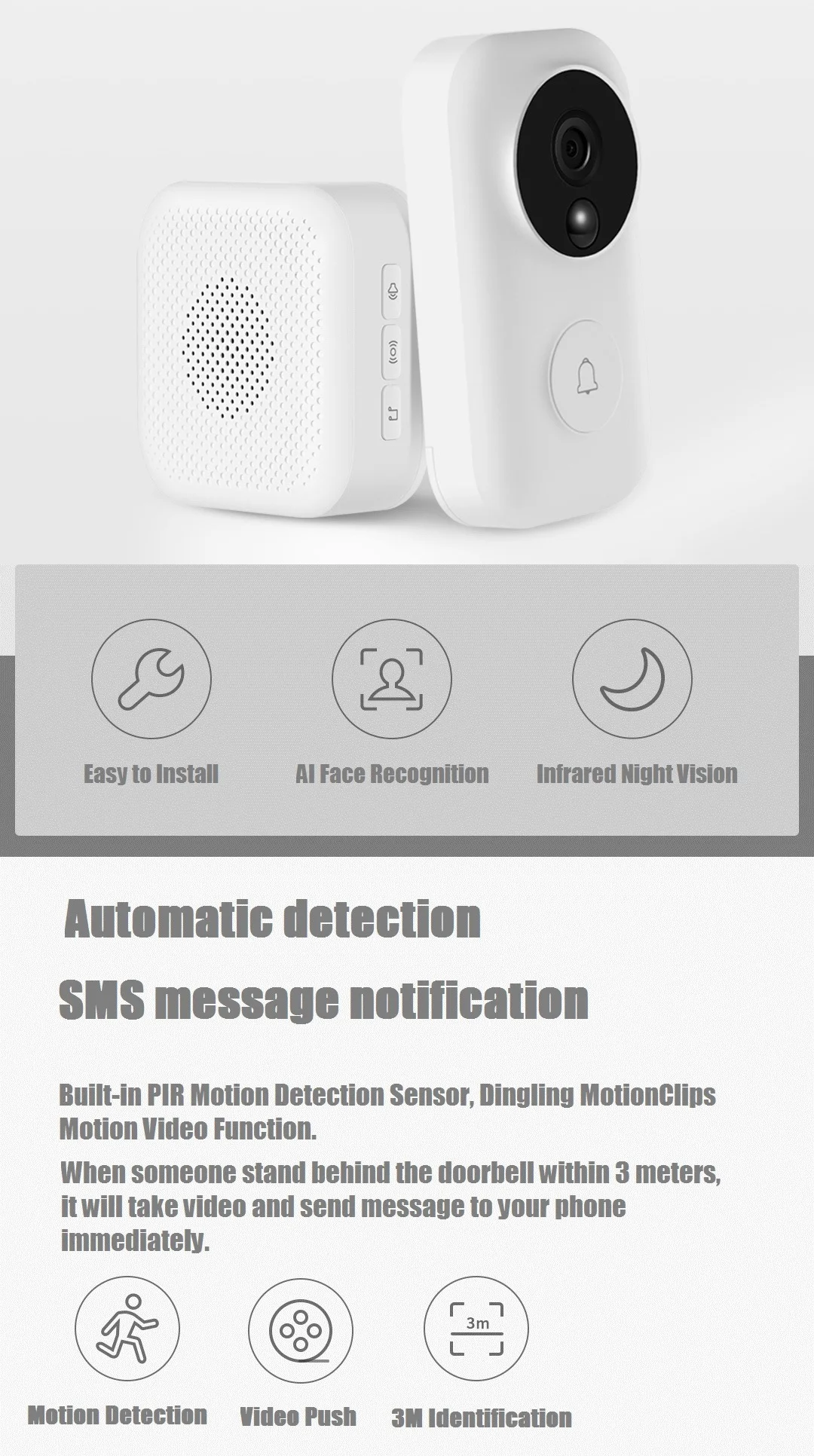  Xiaomi AI Face Identification 720P IR Night Vision Video Doorbell Set Motion Detection SMS Push Int