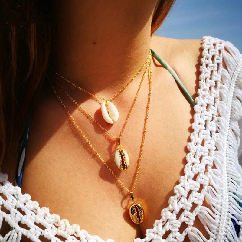 

Seashell Three Shell Natural Best Friend Necklace Cowry Cowrie Pendant Necklace Women Gold Layers of Shell