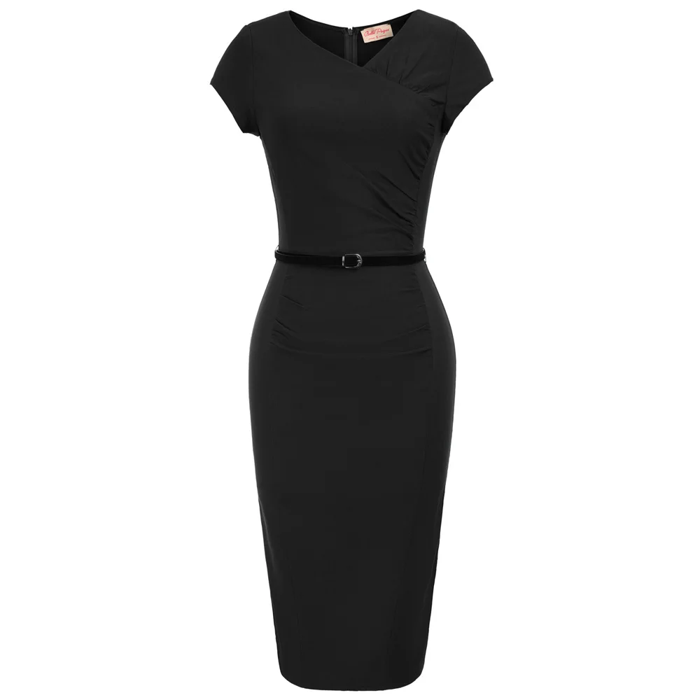 

Belle Poque Women Retro Cap Sleeve Irregular V-Neck Hips-wrapped Bodycon Vestidos Pencil Party Dress