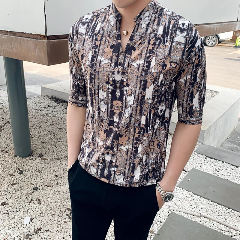 

2019 Summer Short Sleeve Mens Digital Print Streetwear Shirt Men Casual Shirts British Style Slim Fit Men Shirt Clothes