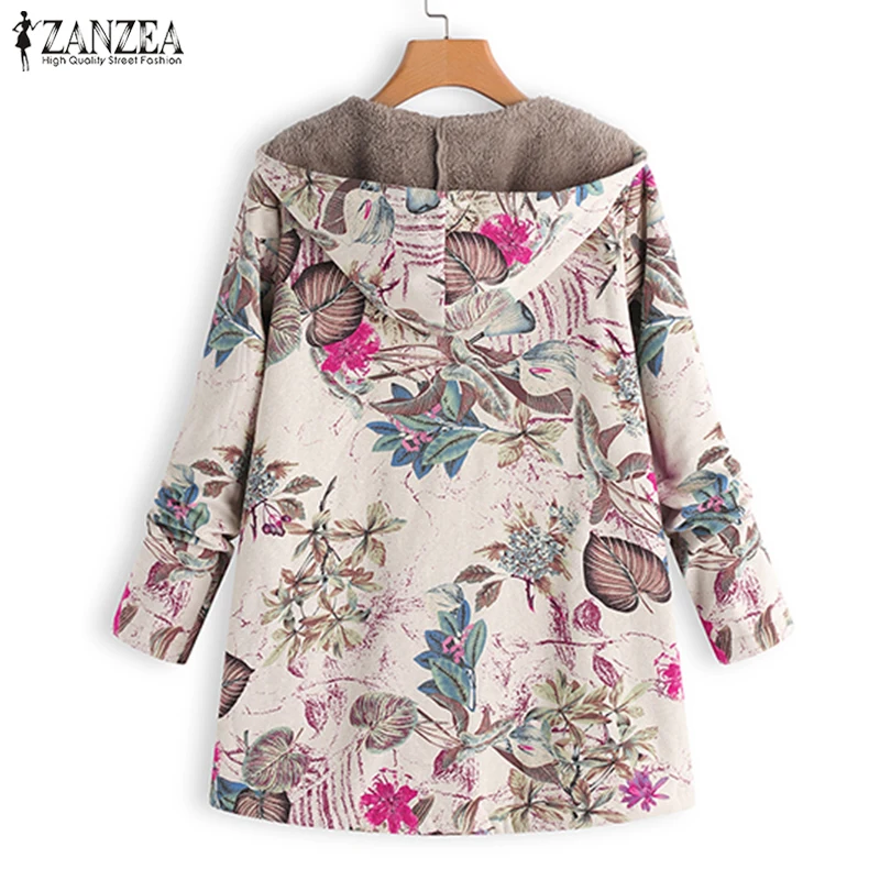 awesome  2019 ZANZEA Women Fur Lining Jacket Autumn Warm Print Coat Female Long Sleeve Hooded Outerwear Lady