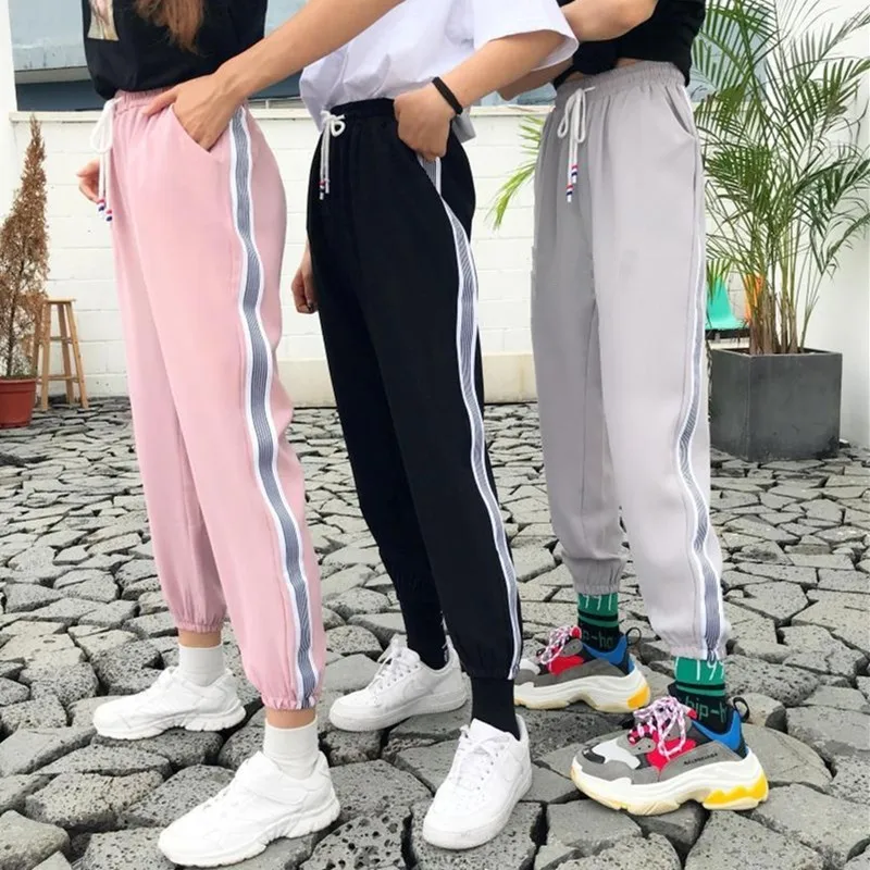 

JRNNORV Spring Summer Women Satin Leisure Pants Casual Multicolor Retro White Striped Side Closed Comfy Sweatpants Female BB0161