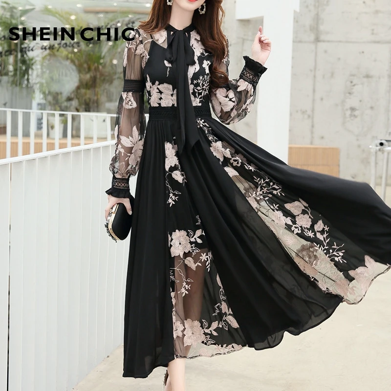 

Runway 2019 Women Dress Elegant Bow Lantern Sleeve Patchwork Dress Vintage Evening Party Perspective Embroidery Vestidos