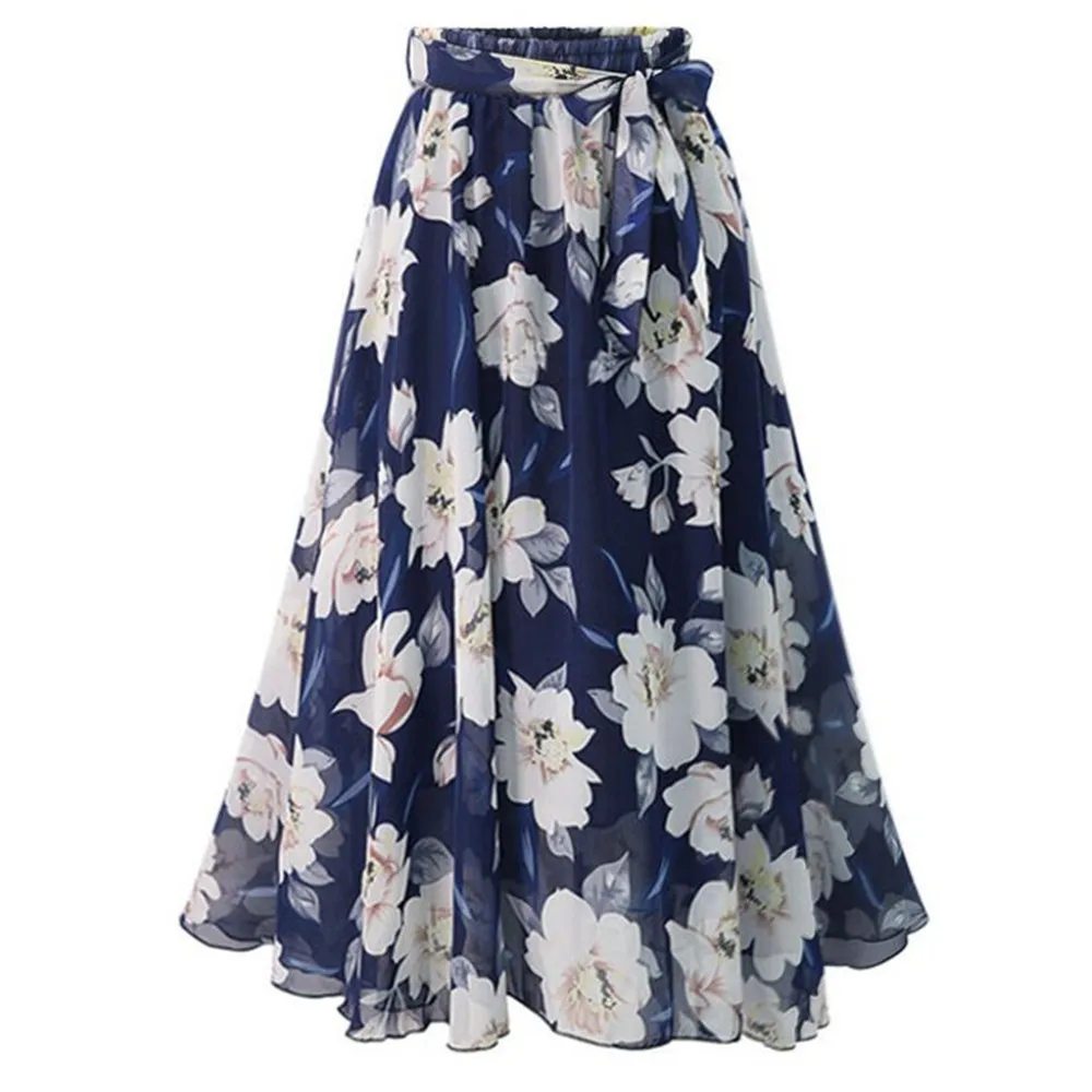 

Summer Lace Up Sashes Vintage Bohemia Chiffon Skirt Floral Printed Women Plus Size Boho Long Maxi Beach Party Loose Flare Skirt