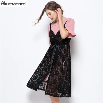 

2019 Summer Women Fashion 2 Piece Suit Plus Size O-neck Flare Short Sleeve Long T Shirt & Hollow Out Lace Skirt Suits Skirts Set