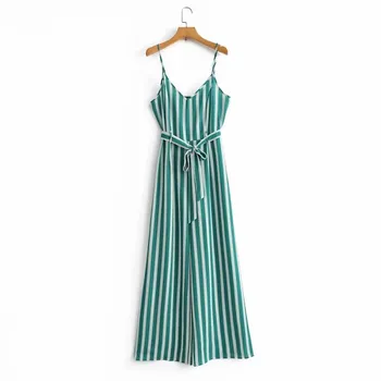 

2019 Women Vintage Bow Tied Sashes Thin Rompers Spring Slim V-Neck Striped Sling Jumpsuits