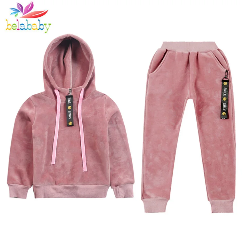 

Girls Velvet Winter Clothing Sets Sweater Hoodies+Long Pants 2PCS Drawstring Clothes Kids Tracksuit Children Solid Sports Suit