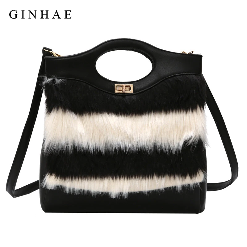 

Fashion Black & White Fur Bag 2018 Winter Patchwork Women Messenger Clutch Bag Female Big Capacity Casual Shoulder Shopping Bag
