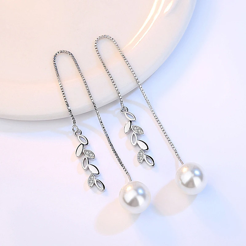 

LNRRABC new 1Pair Engagement Silver Tassel Valentines Gift Fashion Jewelry Long Simulated Pearl Korean Leaf Wedding Drop Earring