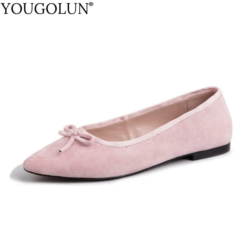

Women Flat Shoes Sheepskin Suede New 2019 Spring Casual Ladies Loafers Fashion Woman Black Pink Red Round Toe Bow Shoes A152