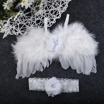 

Newborn Baby Photography Props Angel Feather Wings Fitted Crystal Bow Headband Baby Clothing Set