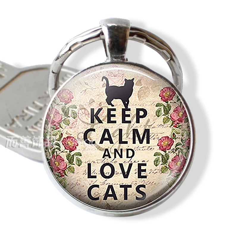 Fashion Accessories Keep Calm and Love Cats Funny Glass Dome Quote Car Keychain Key Chain Rings Black Cat Lover Creative Gift | Украшения и