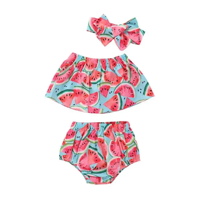 

New 3pcs Baby Swimsuit Watermelon Print Infant Girls One-Shoulder Top Swimwear Headwear Beachwear Bathing Suit