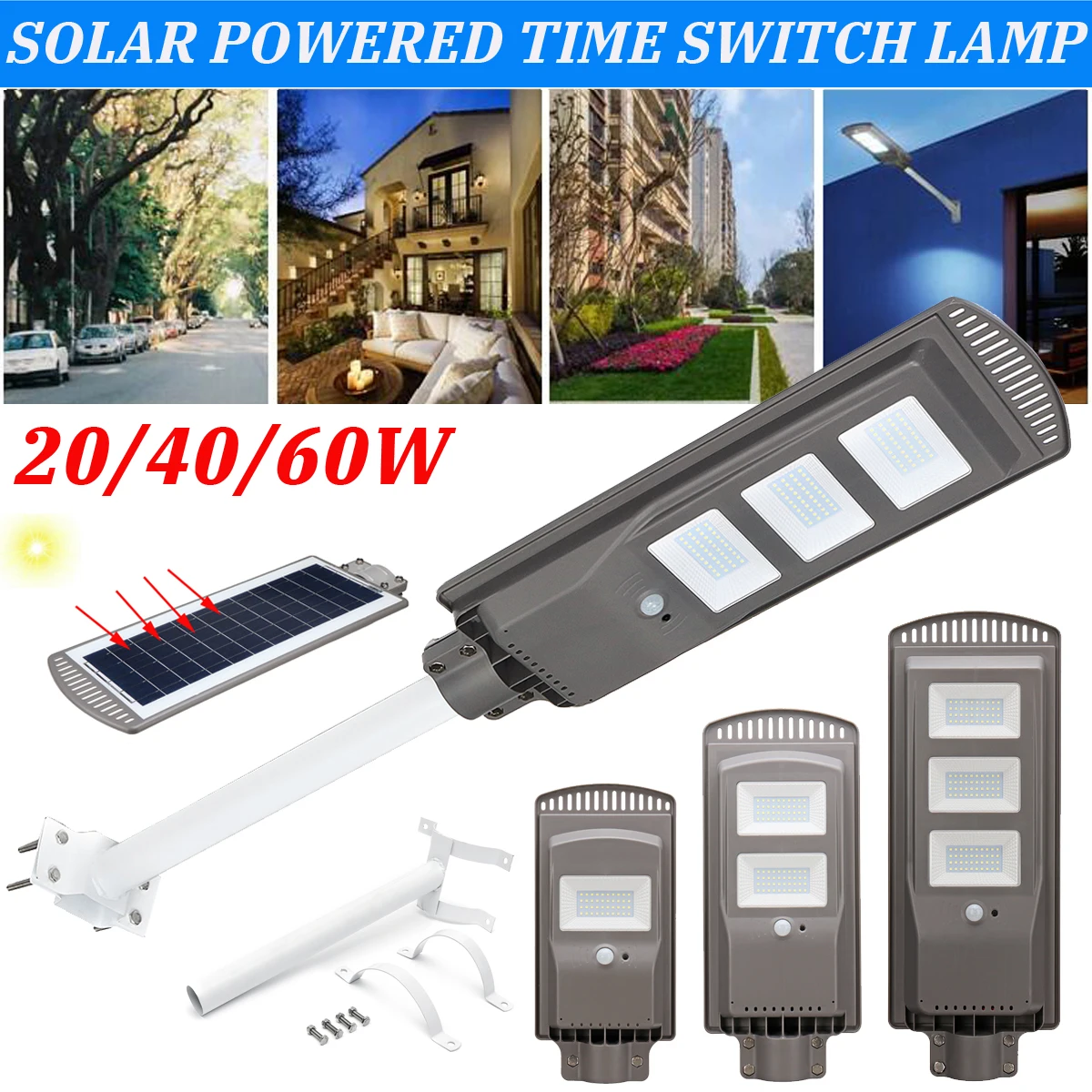 

1PC 20/40/60W Solar Powered Panel LED Solar Street Light Time Switch Waterproof IP67 Wall Lighting Lamp for Outdoor Garden