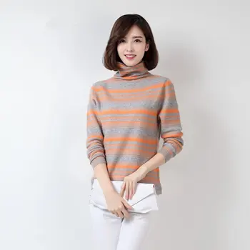 

New Arrivals Autumn Winter Piles Collar Wool Sweater Hedging Knitting Striped Sweater Short Paragraph Fashion Cashmere Sweater