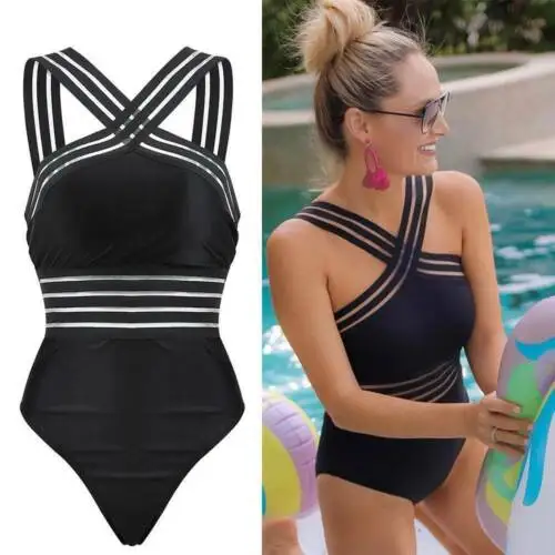 

2019 Sexy One Piece Swimsuit Women High Neck Bandage Cross Back Neck Monokini Black Swimwear Women Bathing Suits Swimming Suit