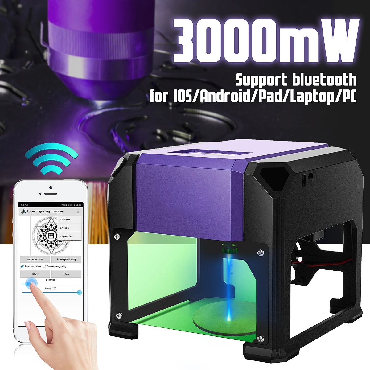 

New Upgrade Bluetooth 3000MW Compact Desktop Laser Engraving Machine DIY Logo Mark Printer Cutter CNC Laser Carving Machine