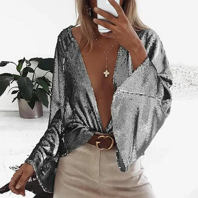 

Women Fashion Sexy Sequin Blouse Trumpet Long Sleeve Loose Deep V Cardigan Spring Autumn Top Gold Silver Women Royal Blue Blouse