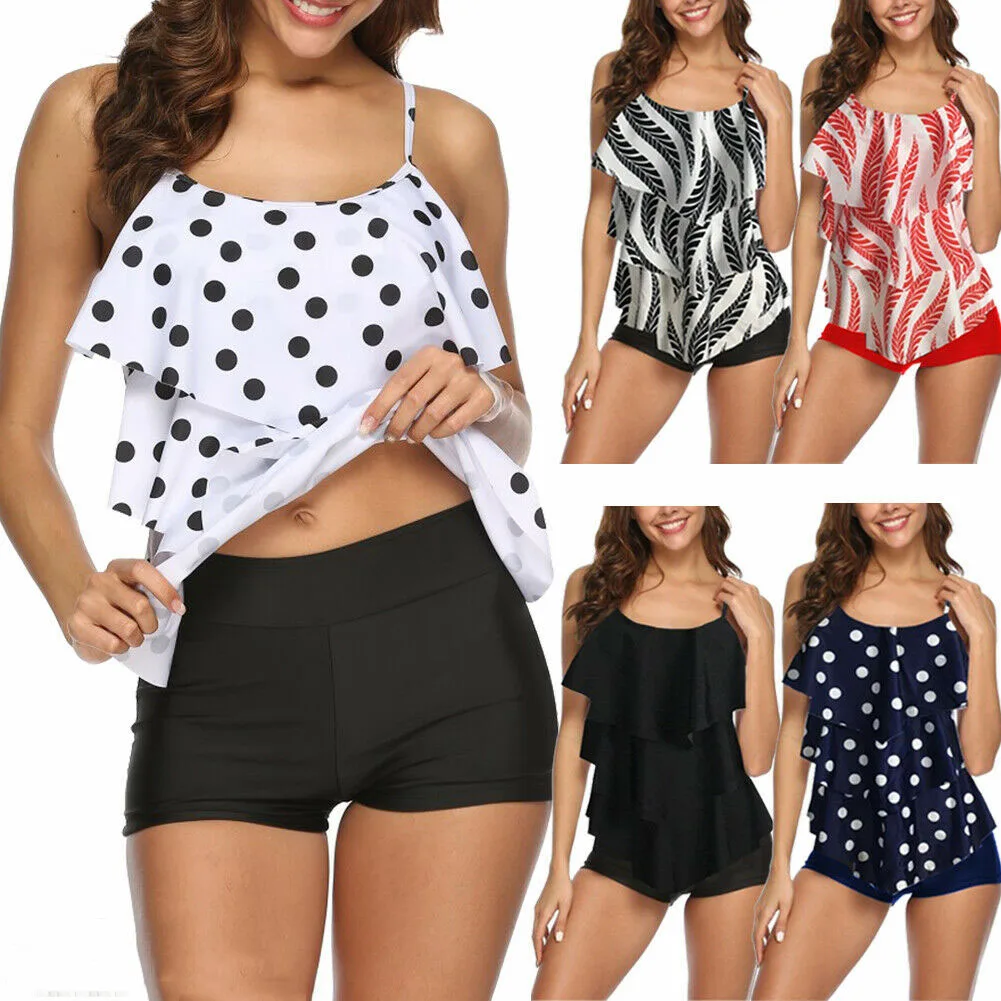 

Summer Retro Ruched Women Bikini Set Plus Size Backless High Waist Swimwear Female Floral/Dot/Striped Overlay Padded Tankini Set