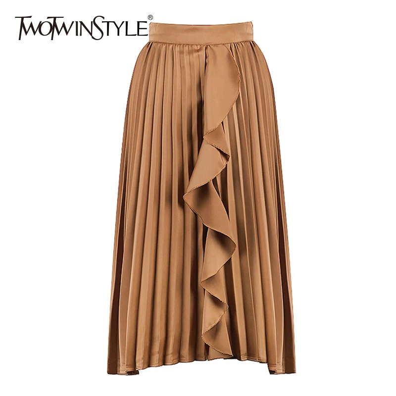 

TWOTWINSTYLE Ruffles Skirt Female Elastic High Waist Midi Pleated Skirts For Women Spring big size Fashion Elegant Clothing 2019
