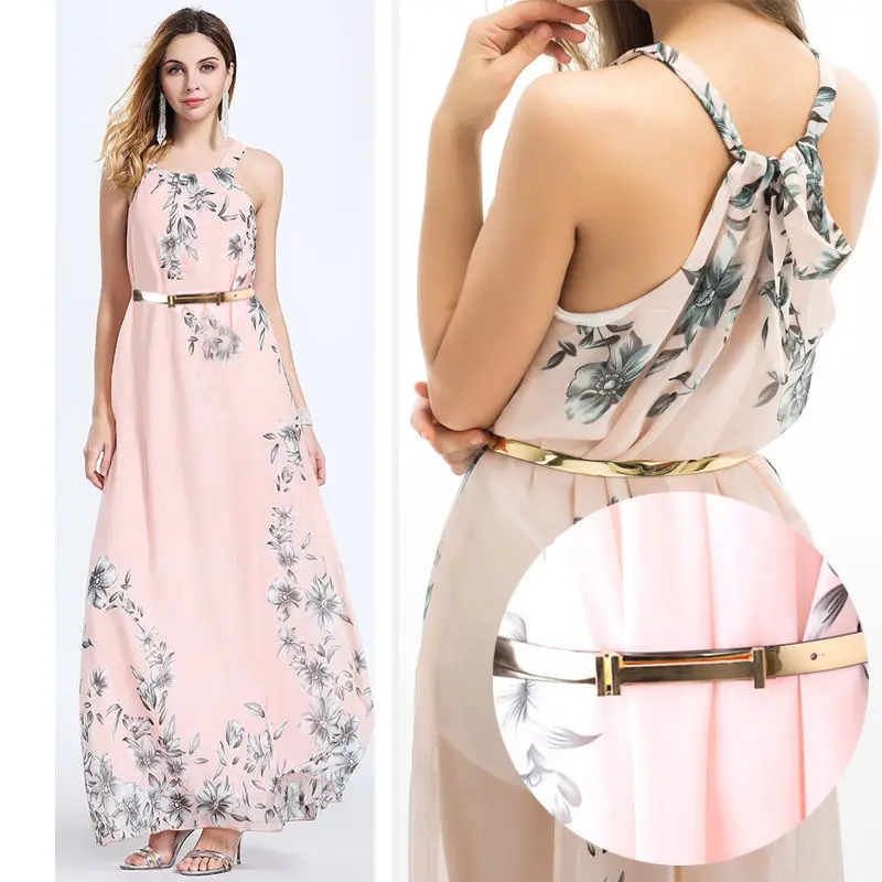 Women Summer Boho Party Formal Dress Sleeveless Backless Belt Floral Print Straight Ankle-Length Dress Sundress With Belt