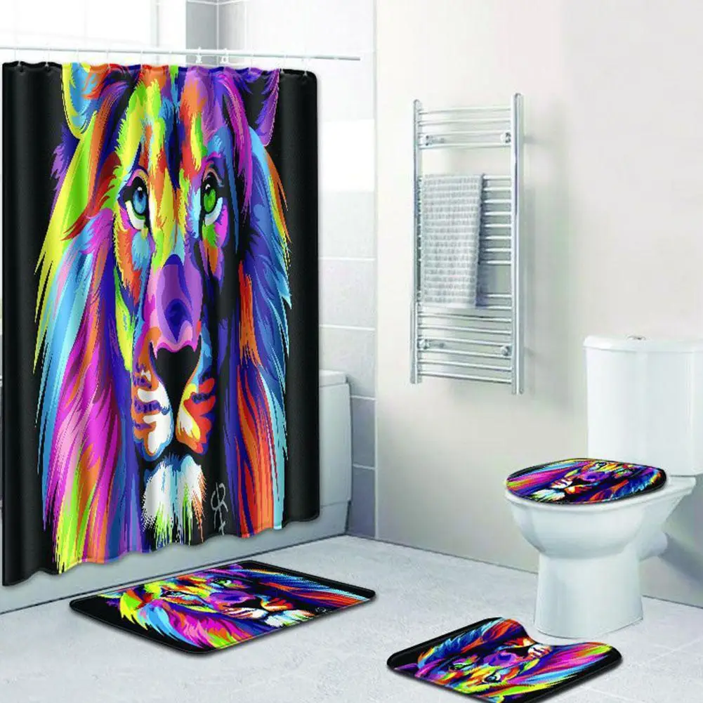 

Adeeing 4pcs/set Colorful Lion Pattern Nonslip Bathroom Mat Shower Curtain Set