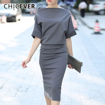 

CHICEVER Knitting Dresses For Women Slash neck High Waist Batwing Sleeve Hem Split Autumn Slim Dress Female Fashion Tide New