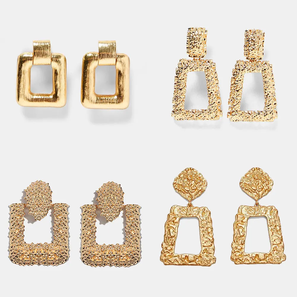 

JUST FEEL ZA Punk Gold Color Drop Dangle Earrings For Women Square Geometry Boho Vintage Big Pendant Earring Metal Alloy Jewelry