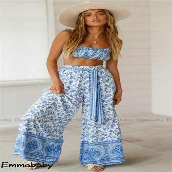 

Women 2 Pieces Sets Ladies Boho Strap Floral Printed Sleeveless Lace up Bodycon Crop Top+Long Wide Leg Pants Cut Out Elegant