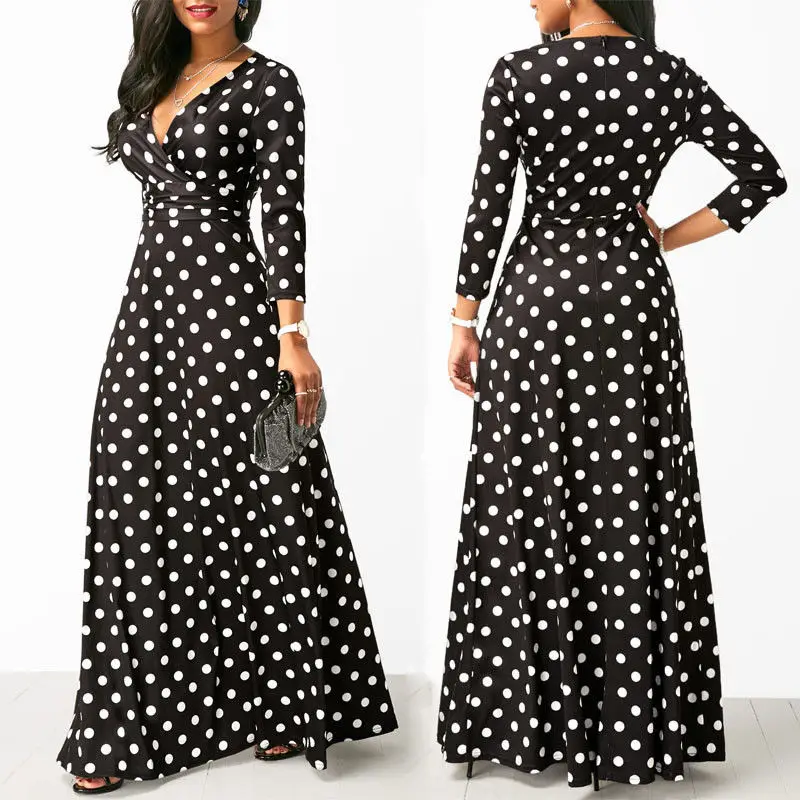 

Brand New 2019 Women's Long Sleeve V-neck Polka Dot Print Maxi Dress Evening Party Casual High Waist Long Sundress S-XL