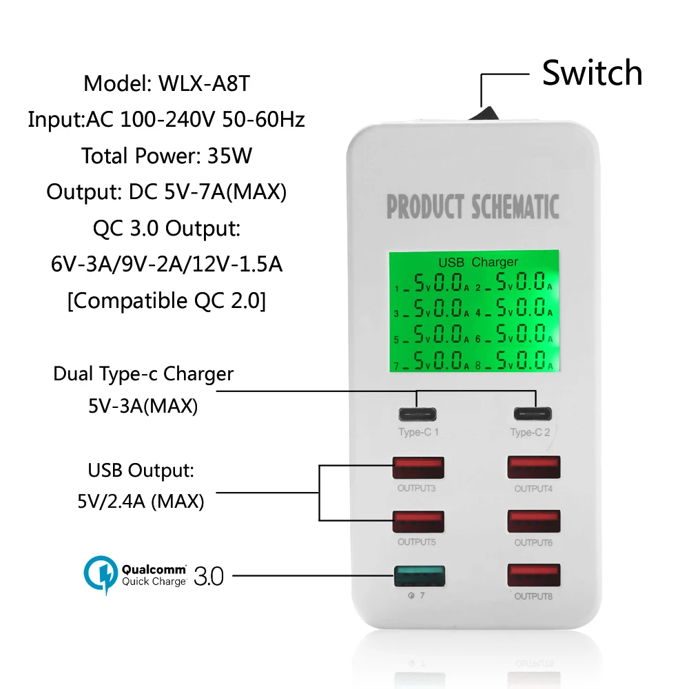 Floureon 5V3. 4A QC 3,0 Быстрая зарядка 6 USB 2 порта type-C умный дисплей USB зарядное устройство для смартфона Tebalt наушники