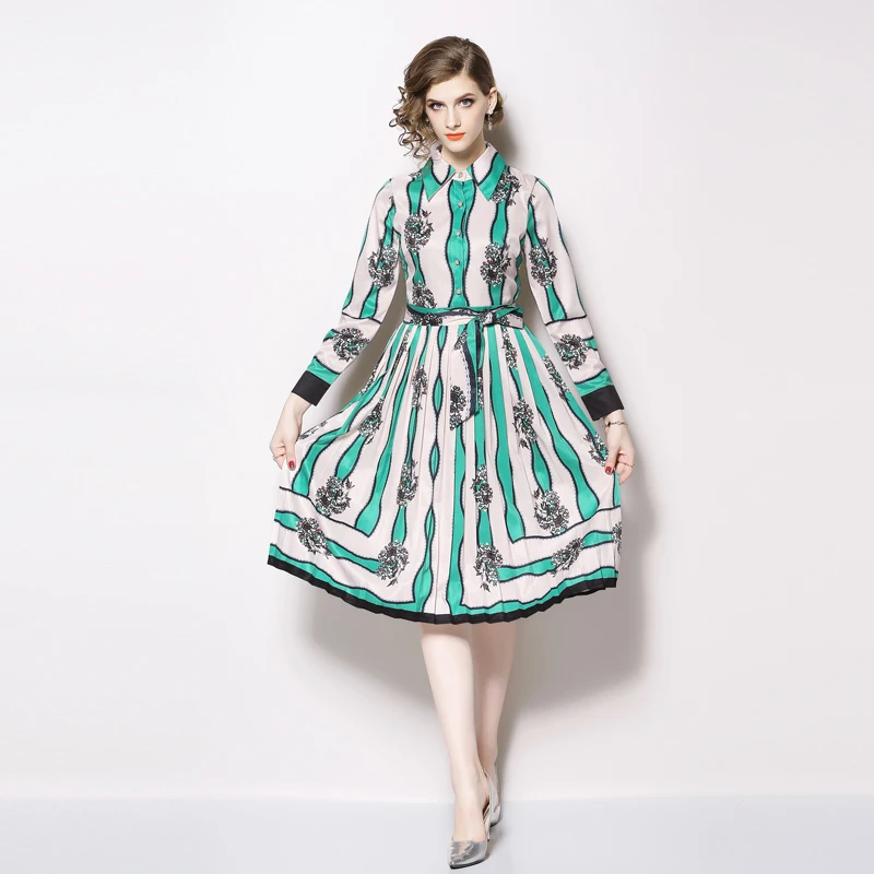 

Banulin Elegant Runway Autumn Jacquard Dress Women's Long Sleeve Turn Down Collar Green Floral Print Appliques Party Dress