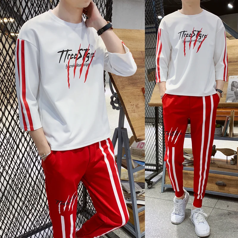 

2019 Summer New Pattern Fashion Seven Part Short Sleeve T Male Tide Self-cultivation Two gym tracksuit men streetwear Thin