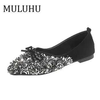 

MULUHU New Woman Shoes Pumps Flock Sweet Bow Fashion Pointed Toe Party Shoes Sequined Single Shoes Dropshipping
