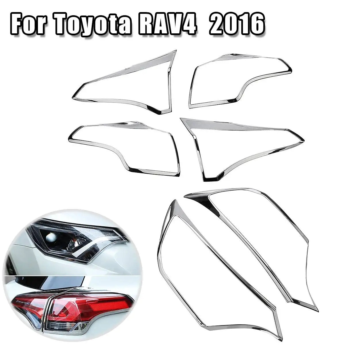 

6pcs Chrome Front Rear Headlight Tail Light Lamp Cover Trim For Toyota RAV4 2016