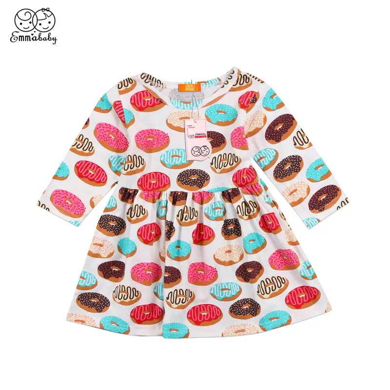 

Toddler Baby Girls Princess Donuts Feathers Pritned Dress Kids Long Sleeve Casual Loose Party Dresses Girl Cute Lovely Clothes