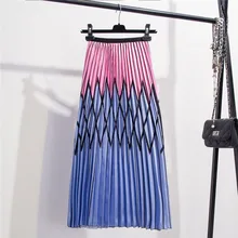 Весна новое поступление юбка геометрический принт хит цвет клетчатая юбка в складку высокий уличный стиль до середины икры ампир полосатая Женская юбка