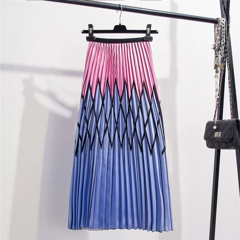 

2019 Spring New Coming Skirt Geometric Print Hit Color Plaid Pleated Skirt High Street Style Mid-Calf Empire Striped Women Skirt