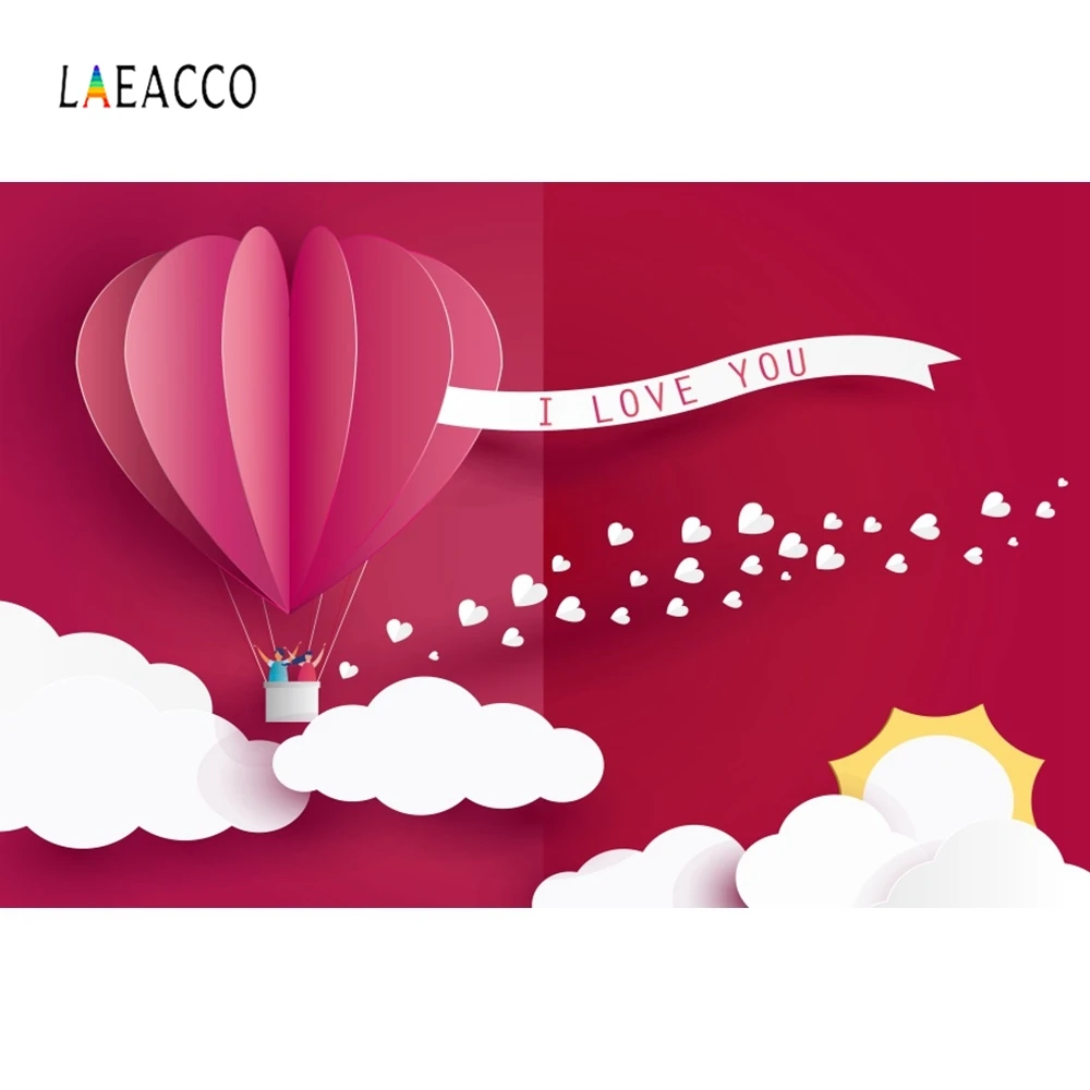 

Laeacco Red Heart Balloons Basket Cloud Backdrop Photography Background Customized Photographic Backdrops For Photo Studio